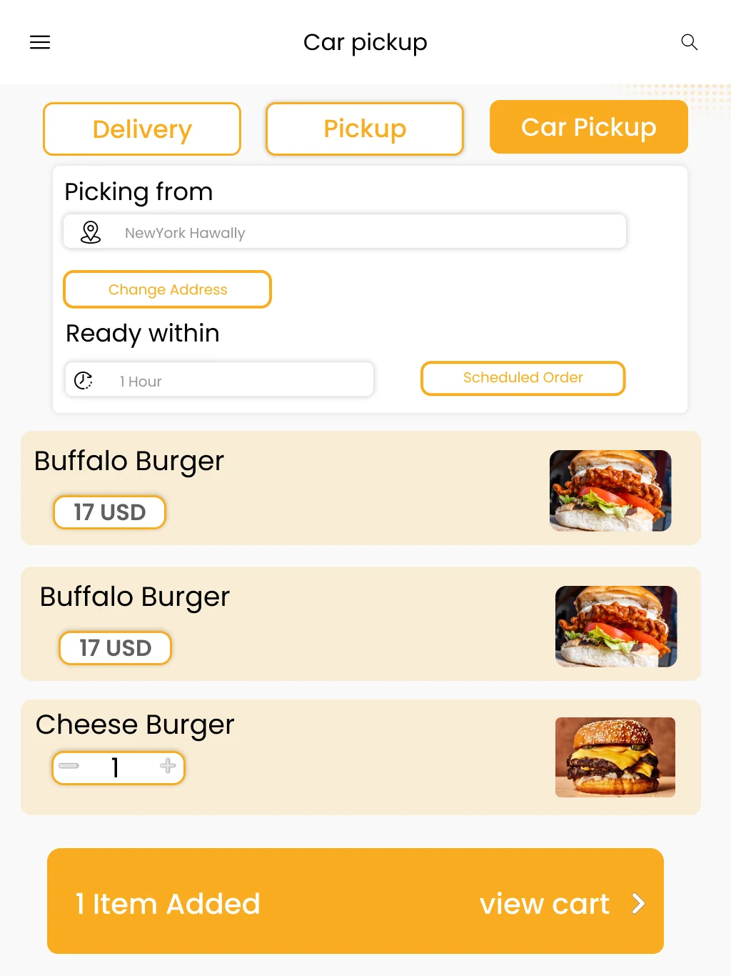 Ordine car pickup ordering screen