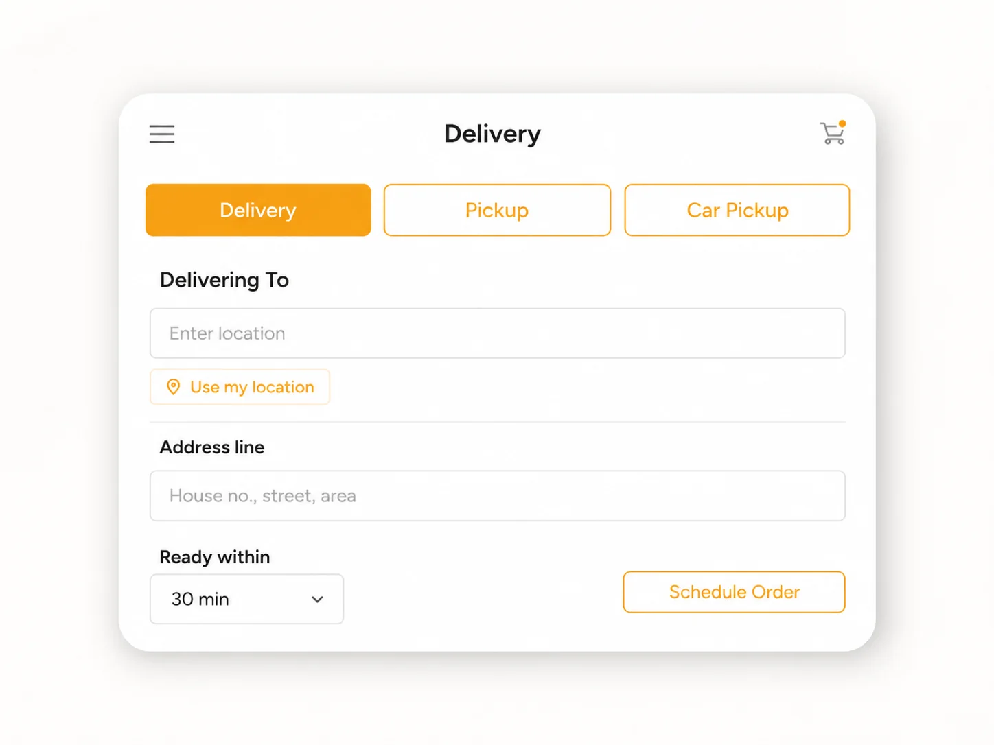 Ordine delivery ordering screen