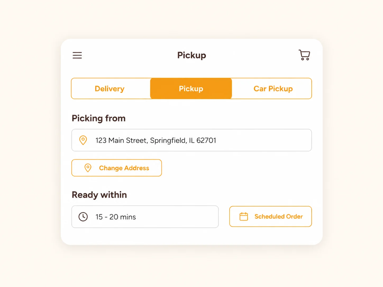 Ordine pickup ordering screen