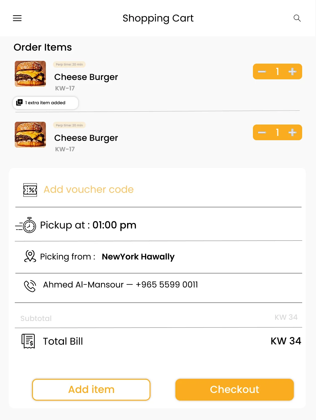 Ordine shopping cart and checkout screen